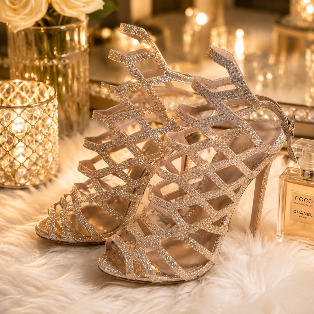 Sparkle Cage High Heel Sandals - Gold